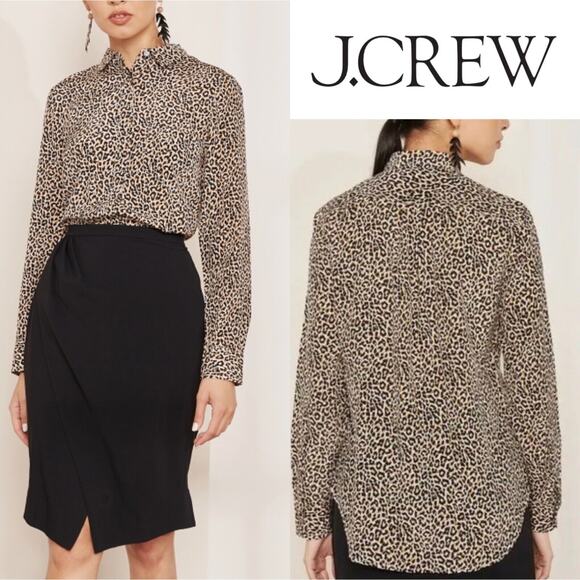 J. CREW Women's 100% Silk Button-Up Dress Shirt Blouse Top in Leopard Print - Picture 1 of 14